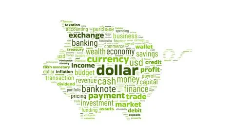 Dollar symbol shaped word cloud representing finance, currency exchange . Stock-Illustration