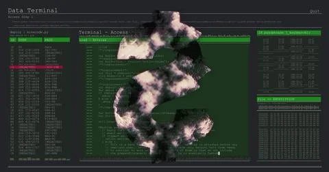 Dollar symbol spinning over computer interface with data processing against grey Stock Illustration
