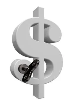 Dollar symbol with wind-up key on white background - 3d illustration Stock Illustration