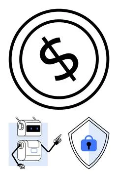 Dollar Symbol Within Circle and Robot Pointing at Shield with Lock for Fina.. Illustrazione stock