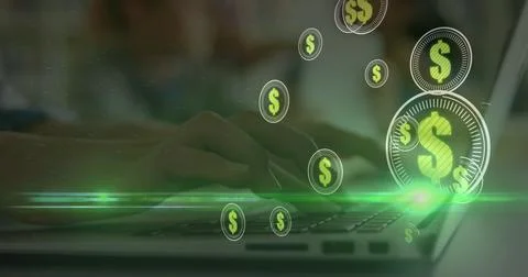 Dollar symbols over multiple round scanners against close up of person hands Stock Illustration