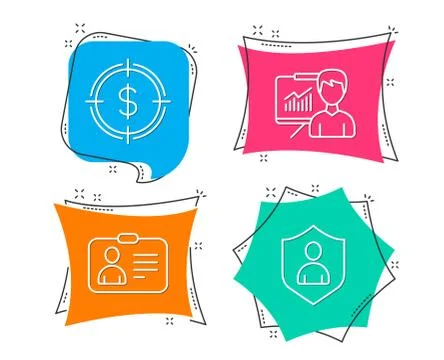 Dollar target, Presentation and Id card icons. Security sign. Aim with usd Stock Illustration