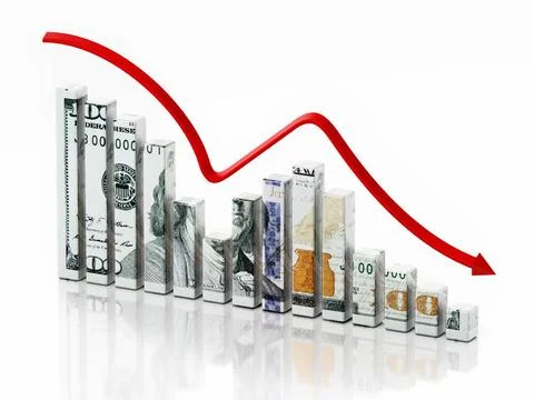 Dollar textured bars and falling arrow. 3D illustration Dollar textured ba... Stock Photos