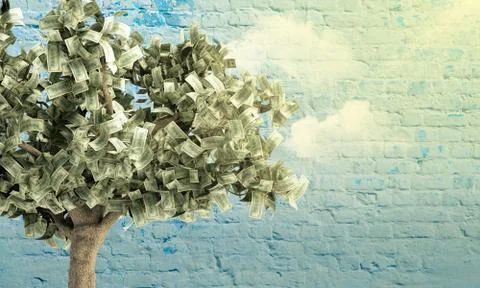 Dollar tree with hundred dollar bills on breek wall background 3d illustratio Stock Illustration