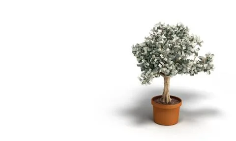 Dollar tree with hundred dollar bills growing out of the pot 3d render Stock Illustration