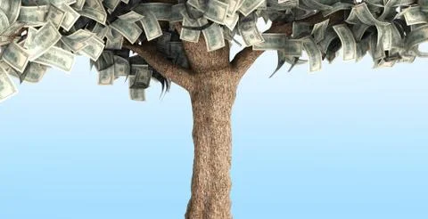 Dollar tree with hundred dollar bills on blue 3d illustration Stock Illustration