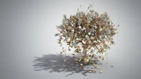 Dollar tree with hundred dollar bills and coins growing out of the graund on Stock Illustration
