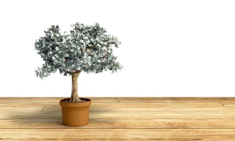 Dollar tree with hundred dollar bills growing out of the pot on wood flor 3d Stock Illustration