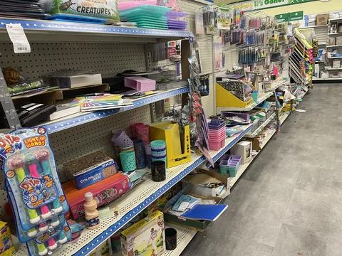 Dollar Tree retail store interior cluttered and messy side view Stock Photos