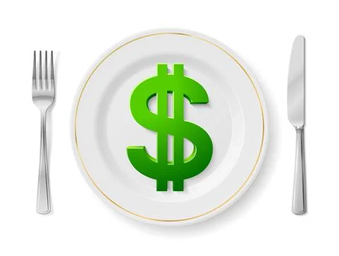 Dollar is on white plate with fork and knife, top view Illustrazione stock
