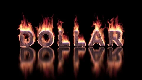 Dollar word burning in flames on the glossy surface Stock Footage 88336949