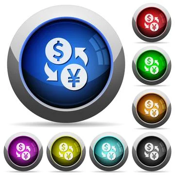 Dollar Yen exchange round glossy buttons Stock Illustration