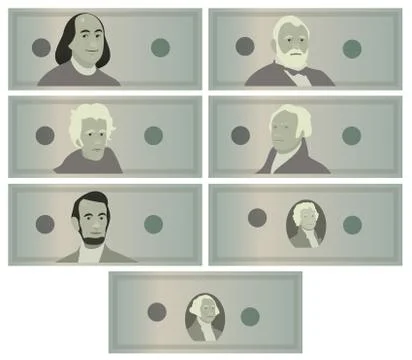 Dollars Banknotes Set Vector. Cartoon US Currency. American Money Bill Isolat Illustrazione stock