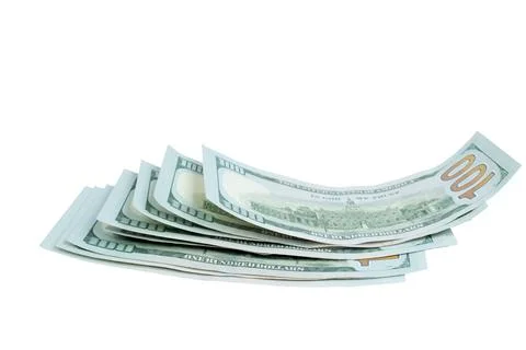 Dollars, banknotes on white background. Top view. black friday, sale Stock Photos