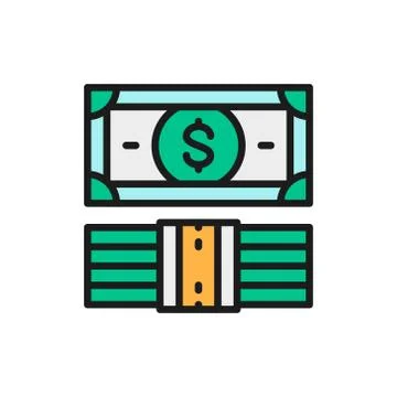 Dollars, bundle of money, banknotes flat color line icon. Stock Illustration