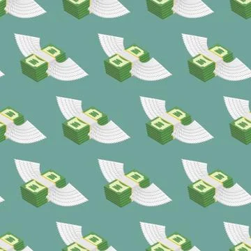 Dollars Cash with wings seamless pattern. Vector background Stock Illustration