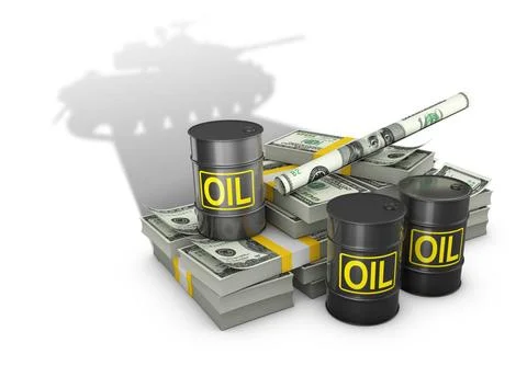 Dollars cast a shadow in the shape of panzer Stacks of dollars and barrels... Foto stock