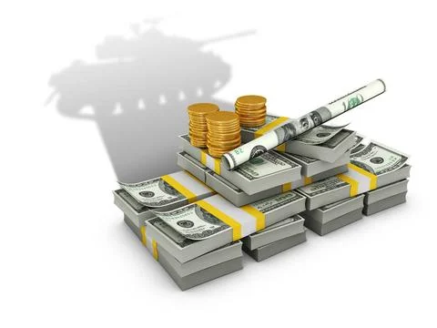 Dollars cast a shadow in the shape of panzer Stacks of dollars and coins c... Foto stock