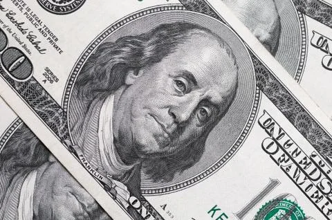 Dollars closeup. Benjamin Franklin's portrait on a  bill. Stock Photos