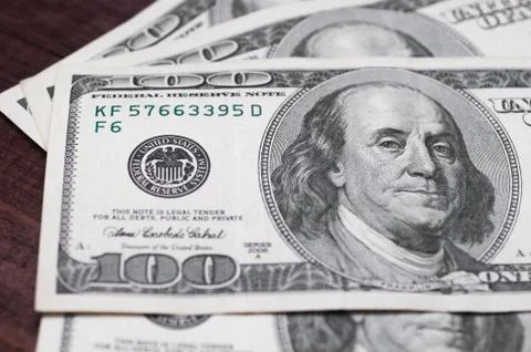 Dollars closeup. Benjamin Franklin's portrait on a  bill. Stock Photos