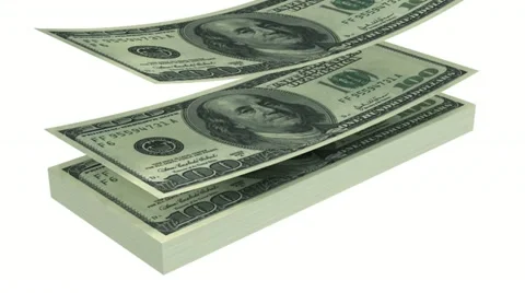 Dollars falling into stack on white. Alpha mask. HD 1080. Stock Footage