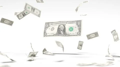 Dollars falling through the air, against a white background. 3d illustration Stock Illustration