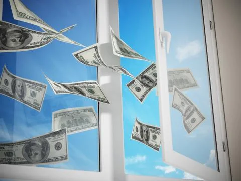 Dollars flying out of the window. 3D illustration Stock Illustration