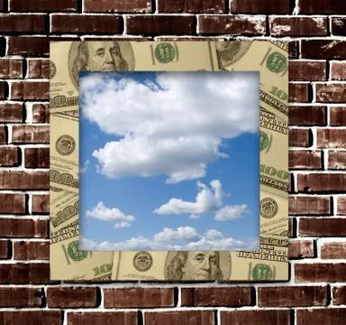 Dollars frame with sky image inside and grunge wall background Stock Photos