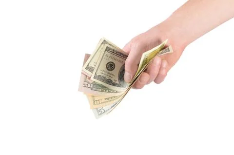 Dollars in a man&amp;#39;s hand isolated on white Stock Photos