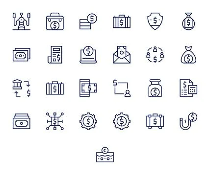 Dollars Scalable Vector Set featuring 25 PIXEL Perfect Regular Line 128x128.. Stock Illustration