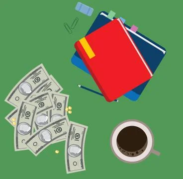 Dollars on the table. Accounting for money. Notepad and coffee. Money currency Stock Illustration