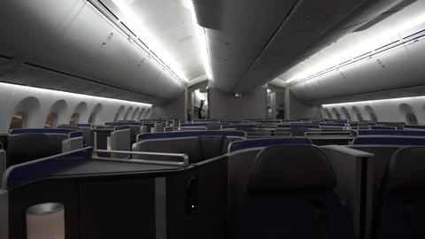Dolly across first class cabin of a 787 commercial passenger airplane. Stock Footage 171754325