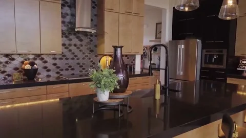 Dolly across Granite Kitchen Table Stock Footage 154332868