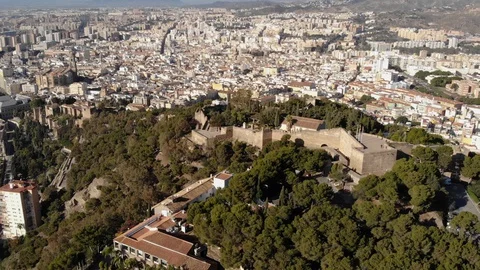 Dolly In Alcazaba, City & Mountain Aerial View Malaga Stock Footage