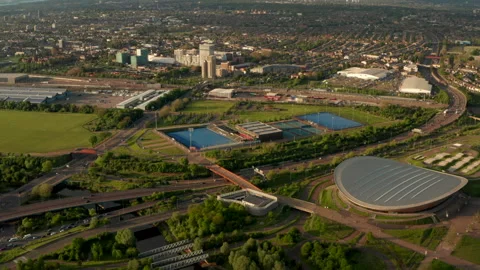 Dolly back aerial shot over Lea Valley VeloPark and tennis courts 스톡 동영상 242527372