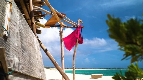 Dolly beach flag slow motion windmills in the background Stock-Footage 95233394