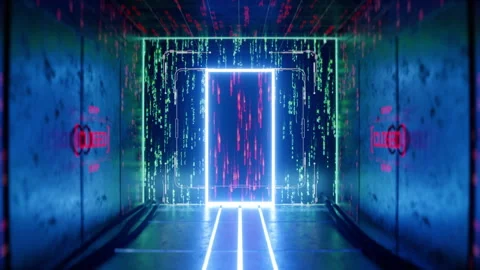 Dolly camera moving through blue room toward secret door with programming code Stock-Footage 348154474