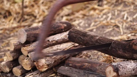 Dolly close up hand of the man is sawing wood to make firewood. Vídeo Stock 106793211