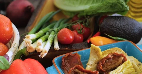Dolly close up push out view of fresh, healthy, organic ingredients for salad Stock Footage 72175129