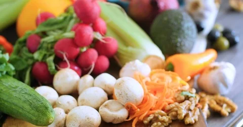Dolly close up push in view of fresh, healthy, organic ingredients for salad Stock Footage 71586878
