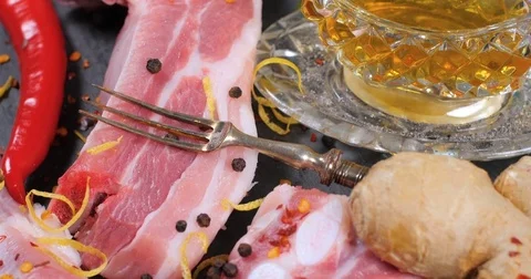 Dolly close up push in view of ingredients for braised sticky king pork ribs Stock Footage 78122524