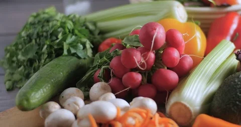 Dolly close up view of fresh, healthy, organic ingredients for salad Stock Footage 71847546