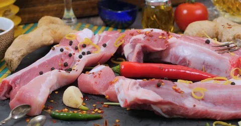 Dolly close up view of ingredients for delicious braised sticky king pork ribs Stock Footage 75279788