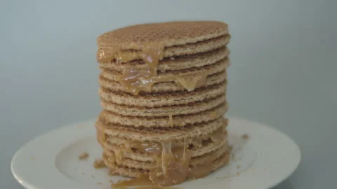 Dolly of delicious stack of stroopwafels, a typical dutch cookie - pan Stock Footage 142784328