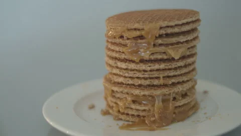 Dolly of delicious stack of stroopwafels, a typical dutch cookie Stock Footage 142784482