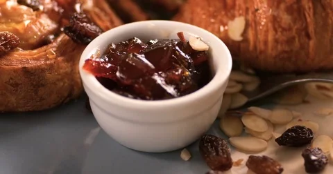 Dolly extreme close up push in view of a French breakfast Stock Footage 71359474