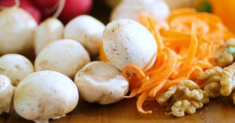 Dolly extreme close up view of fresh, healthy, organic ingredients for salad Stock Footage 72377957