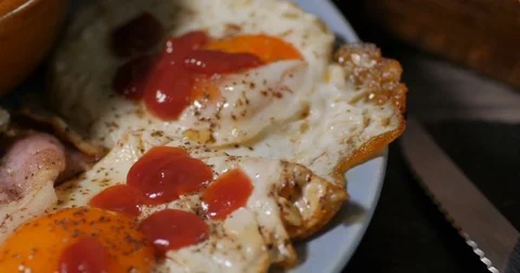 Dolly extreme close up view of a full cooked English breakfast Stock Footage 75271370