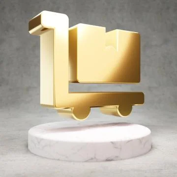Dolly Flatbed icon. Shiny golden Dolly Flatbed symbol on white marble podium. Stock Illustration