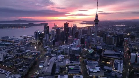 Dolly Flight through Auckland , New Zealand. Skyline. Night Drone Shot. Stock Footage 319941896